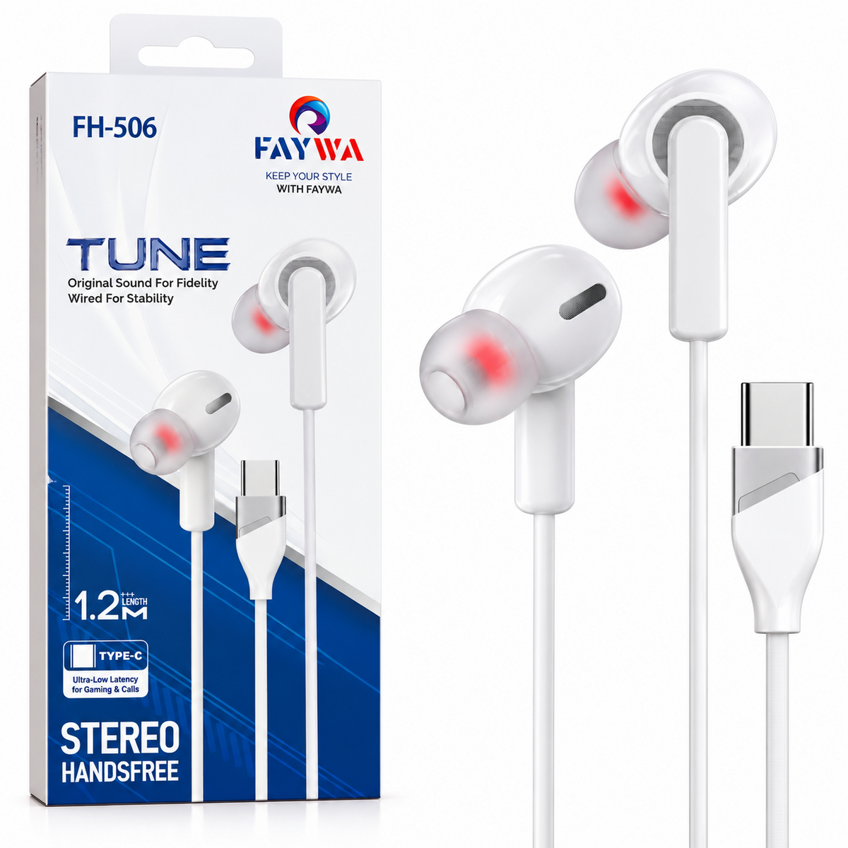 FAYWA FH-506 TUNE white Type-C wired stereo handsfree with packaging